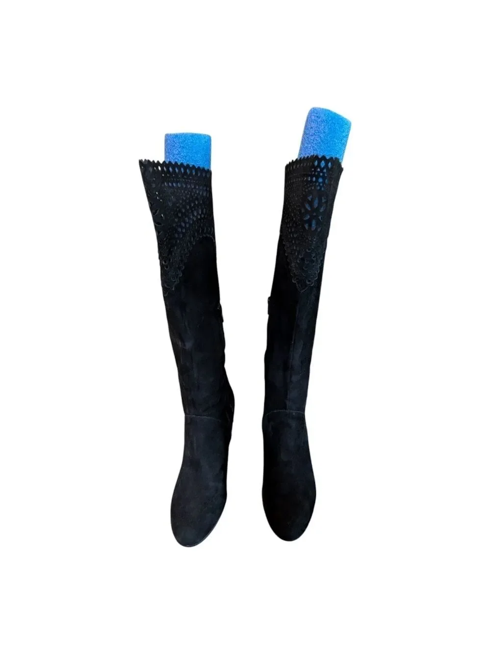 Sofft Brighton Black Suede Leather Wedge Boots Womens 7.5 Tall Knee High Laser